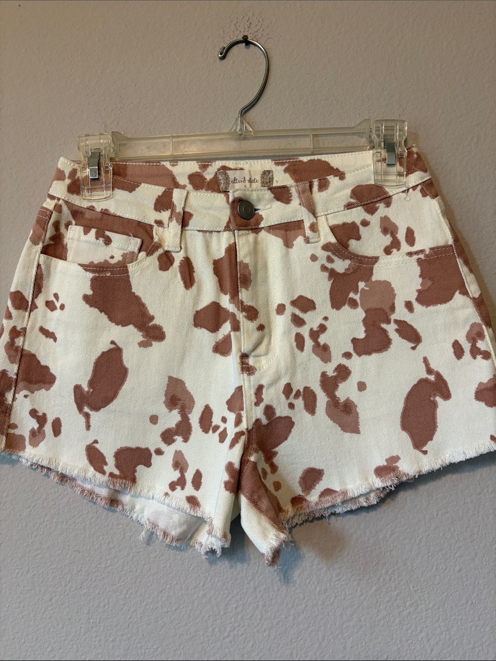 Altar’d State Cowprint Denim Shorts - Cream & Brown